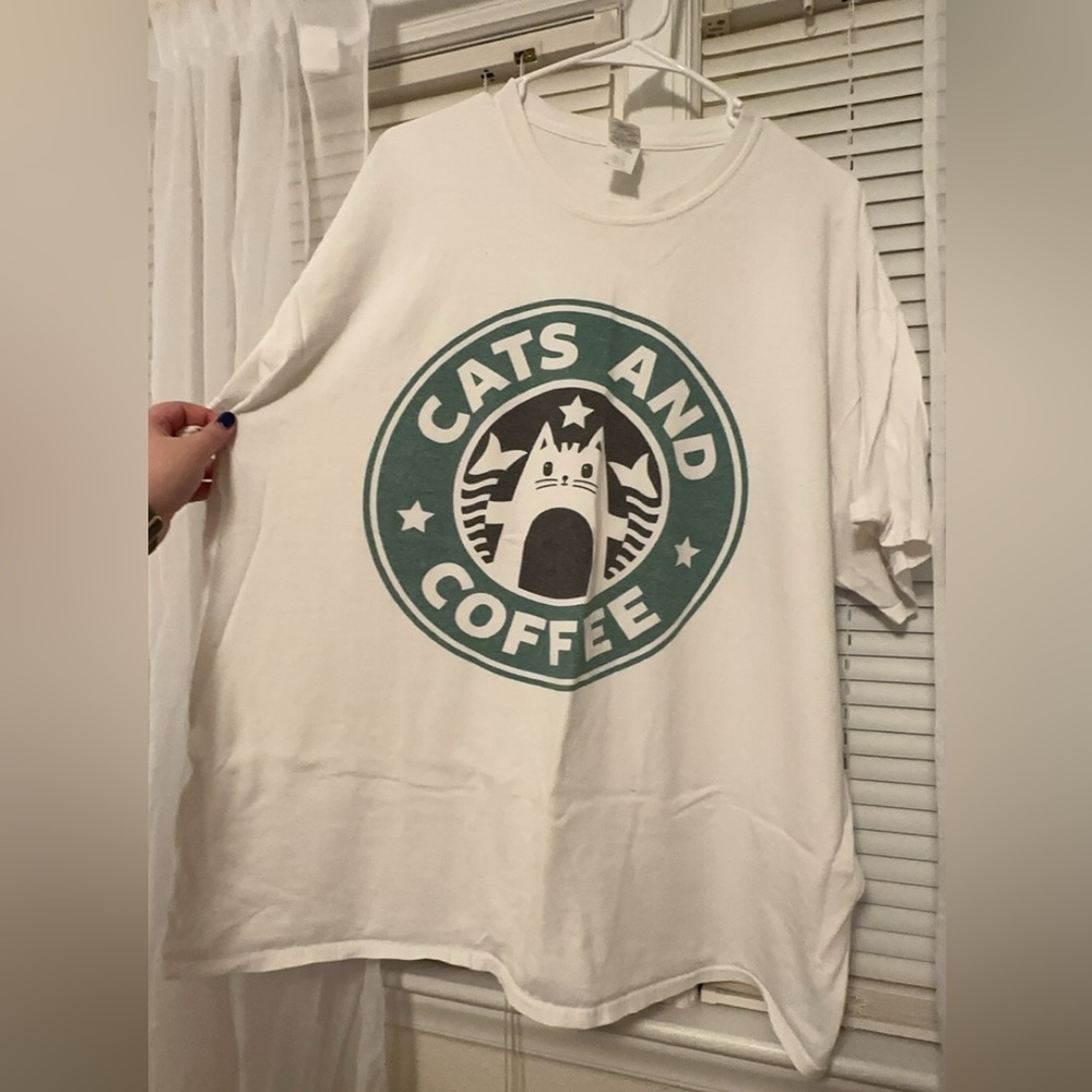 Cats & Coffee white T-shirt, 2x.